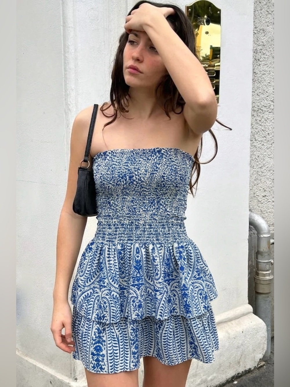 Subdued Blue White Shirred Smocked Mini Strapless Tube Dress Small